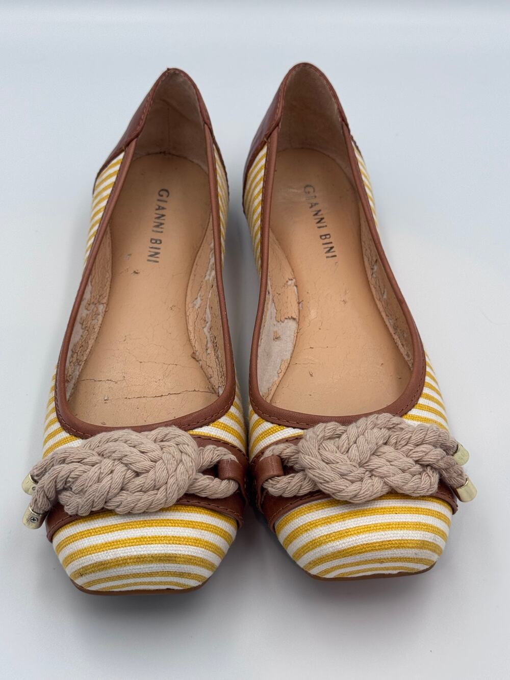 Gianni Bini Women's Striped Ballet Flats Rope Knot Brown Yellow White Size 8.5M